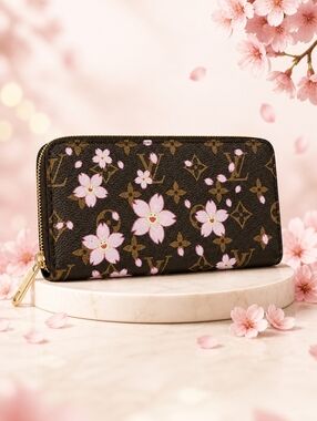 Brown Monogram Cherry Blossom Zip Wallet with Pink Accents
